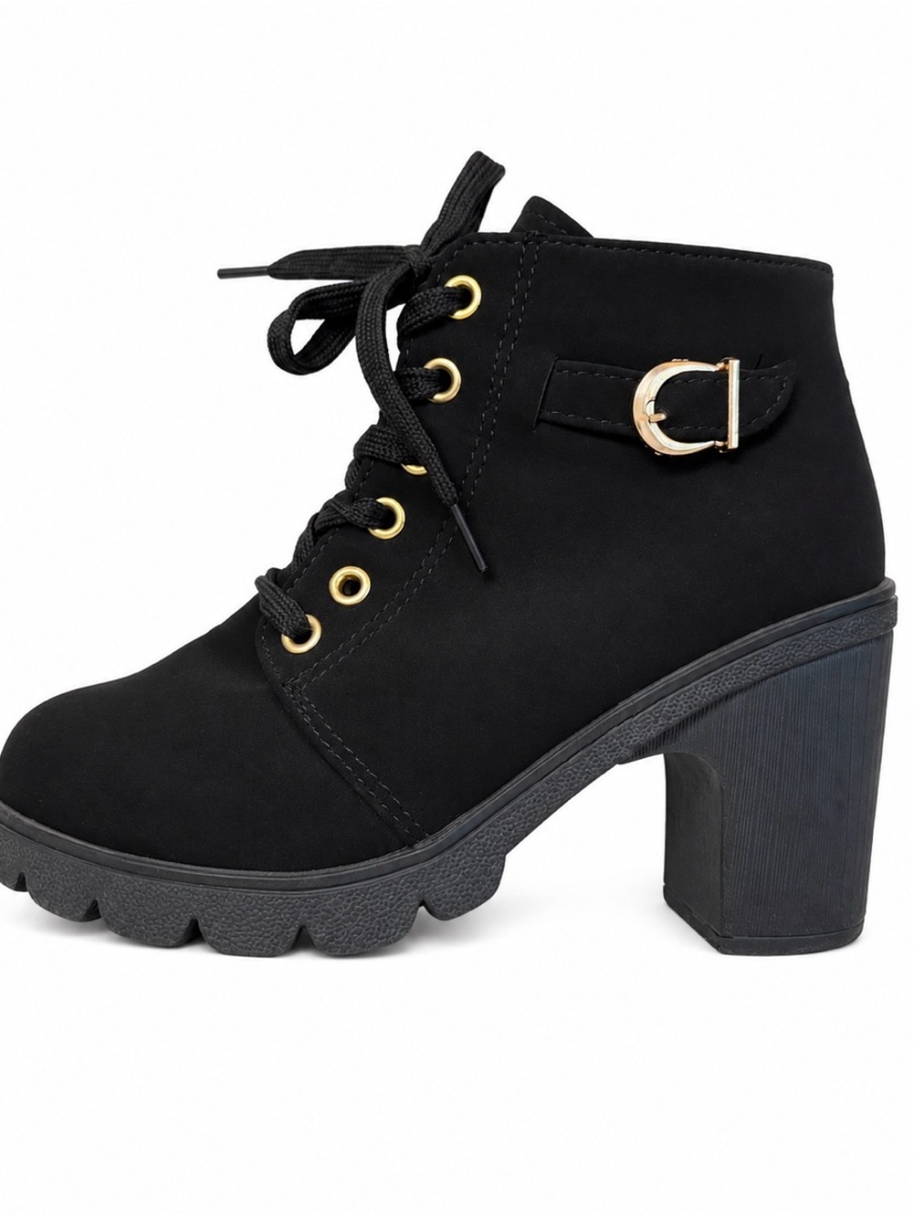 Black Lace-Up Heeled Ankle Boot with Buckle faux suede gold details SZ 6
